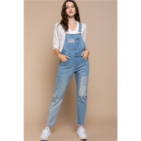 POL Pants - * NWT * POL Slim Leg Denim Overalls, Patchwork Look, Raw Hem, 100% Cotton